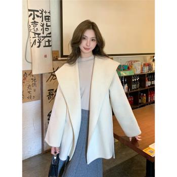 雙面羊絨呢子大衣女短款小個子2024冬季高階感斗篷連帽羊毛呢外套