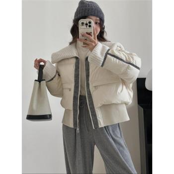 羊羔毛翻領羽絨服女短款歐洲站2024冬季新款撞色90白鴨絨保暖外套