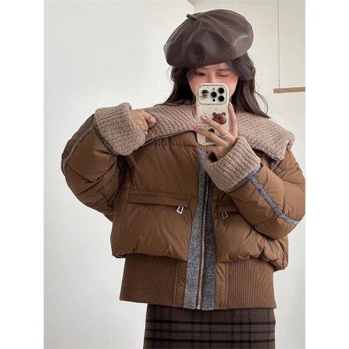 羊羔毛翻領羽絨服女短款歐洲站2025冬季新款撞色90白鴨絨保暖外套