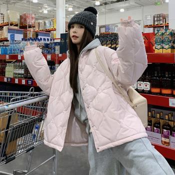 淡紫色菱格羽絨棉服女粉色冬季新款韓系加厚寬松慵懶風棒球服外套