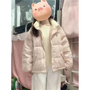 冬季甜美溫柔風粉色印花棉衣外套女學生寬松立領保暖不臃腫麵包服