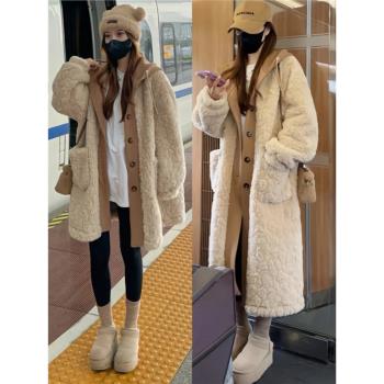 高階感假兩件羊羔毛大衣女冬季穿搭連帽加厚保暖皮毛一體中長外套