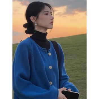 秋冬高階感克萊因藍色浣熊絨毛衣外套女韓系軟糯慵懶針織開衫上衣