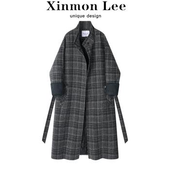 XinmonLee高階感氣質格紋拼接長款毛呢外套冬季加厚慵懶顯瘦大衣