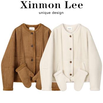 XinmonLee今年流行超好看麂皮絨短外套冬季加絨保暖手套氣質上衣