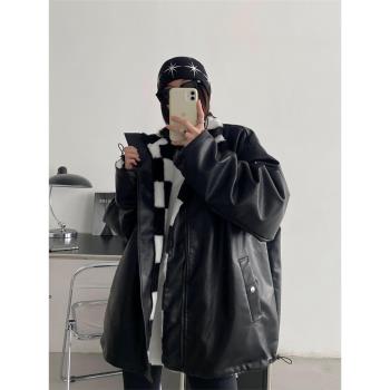 【清倉價】冬季時尚設計感棉服加厚Pu皮雙面穿毛絨立領外套女寬松