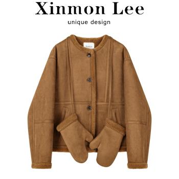 XinmonLee高階感皮毛一體羊羔毛外套2024冬季寬松加厚麂皮絨上衣