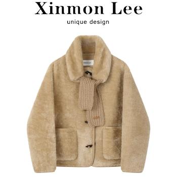 XinmonLee韓系復古卡其冬季加厚短外套高階感牛角扣減齡羊羔毛女