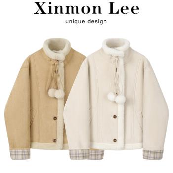 XinmonLee高階感氣質溫柔風鹿皮絨立領外套冬季加厚皮毛一體上衣