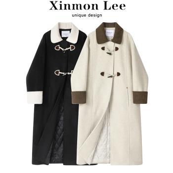 XinmonLee冬季夾棉韓系赫本風長款加厚毛呢外套冬季高階感呢大衣