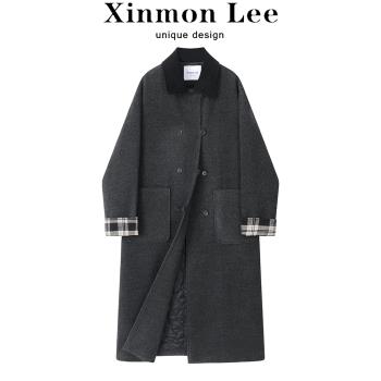 XinmonLee高階感復古灰色韓版長款冬季加厚拼接毛呢外套氣質大衣