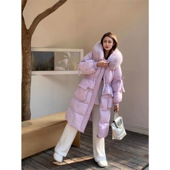 白鴨絨 羽絨服女中長款 連帽過膝時尚洋氣顯瘦狐貍毛領加厚外套