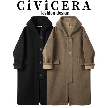 CIVICERA連帽皮毛一體大衣女秋冬設計感寬松慵懶風長款羊羔毛外套