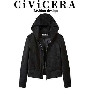 CIVICERA美式復古仿皮絨連帽短外套女秋冬款設計感休閑百搭羽絨服