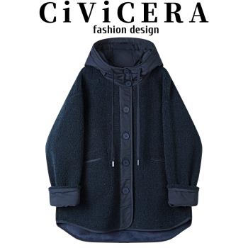 CIVICERA慵懶風中長款羊羔毛外套女冬設計感寬松皮毛一體連帽大衣