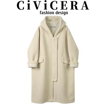 CIVICERA慵懶風連帽羊羔毛大衣女秋冬小個子寬松皮毛一體長款外套