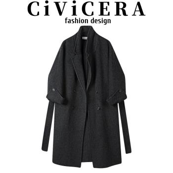 CIVICERA英倫風氣質長款雙面羊毛呢外套女秋冬寬松復古羊毛絨大衣