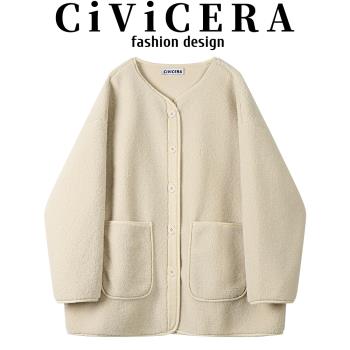 CIVICERA慵懶風寬松羊羔毛外套女秋冬加厚小個子皮毛一體絨毛上衣