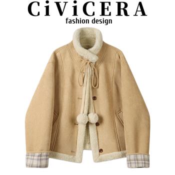 CIVICERA獨特設計感加絨皮毛一體短外套女冬小個子復古仿皮絨夾克