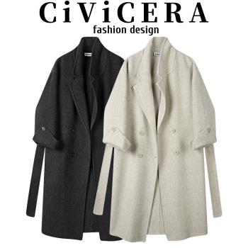 CIVICERA高階感長款復古羊毛呢西裝外套女秋冬寬松雙面呢羊絨大衣