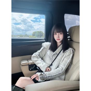 法式灰色大翻領飄帶針織開衫女裝2024秋季新款設計感時尚毛衣外套