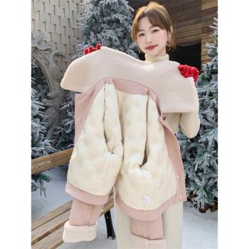 粉色娃娃領皮毛一體羊羔毛羽絨服外套女秋冬爆款短款小個子流行