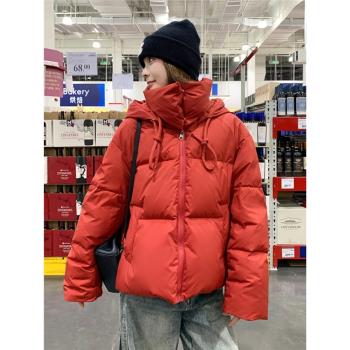 時尚紅色羽絨棉服女冬季短款小個子新年聖誕服本命年蛇年加厚外套