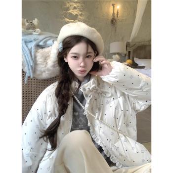 甜美蝴蝶結碎花短款羽絨棉服女冬季2024新款韓系加厚保暖棉衣外套