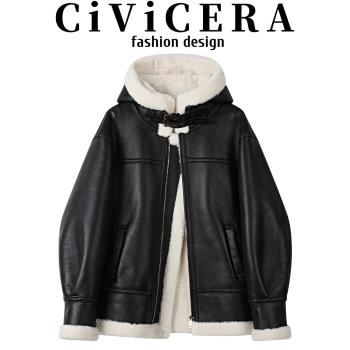 CIVICERA設計感加絨連帽皮衣外套女秋冬慵懶風復古皮毛一體機車服