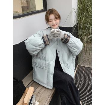 藍色慵懶風菱形格羽絨服女2024年冬季新款小個子法式氛圍感短外套