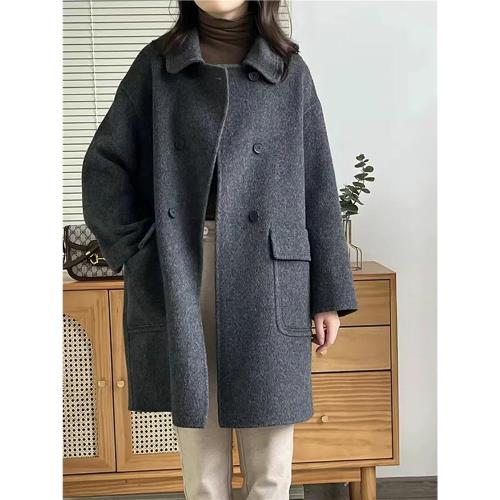 雙面羊絨大衣女2025秋冬新款中長款高級感小個子深灰色羊毛呢外套
