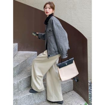 灰色人字紋羽絨服內膽毛呢外套女2024新款冬季韓系小個子呢子夾克