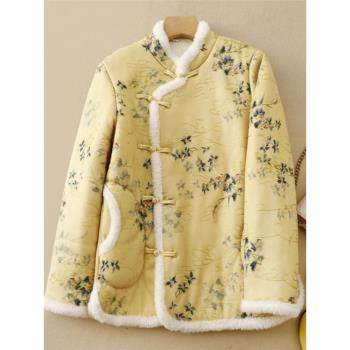 新中式國風盤扣旗袍外套棉襖女冬季立領刺繡棉服加厚仿鹿皮絨棉衣