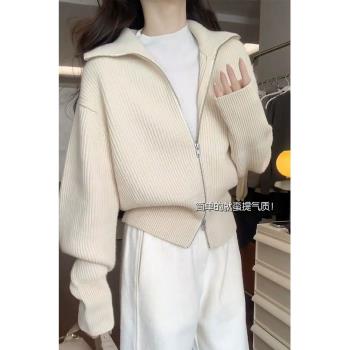 慵懶風雙拉鏈翻領針織開衫女秋冬加厚高階感軟糯毛衣外套短款上衣