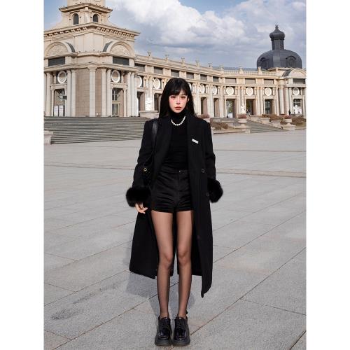 Barb Chill黑色羊毛大衣秋冬2024新款加厚夾棉長款小個子毛呢外套