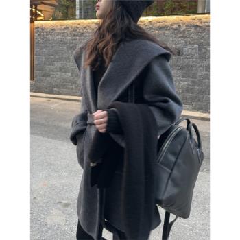 博主推薦雙面絨毛大衣女23秋冬新款連帽斗篷小個子短款羊毛呢外套