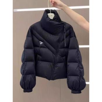 黑色立領不規則棉服外套女2024冬季新款加厚設計感麵包服保暖棉衣
