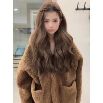 深棕色小熊耳朵羊羔毛棉服女秋冬加絨加厚寬松高階感百搭開衫外套