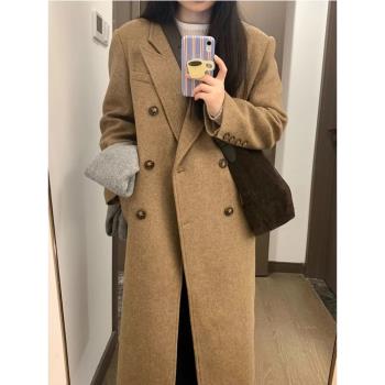 高個子栗子色大衣女2024冬季超長款加棉加厚高階感赫本風毛呢外套