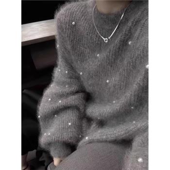 特大碼300斤胖妹妹釘珠毛衣女秋冬寬松軟糯馬海毛針織衫外套上衣