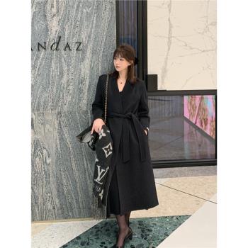 系帶赫本風雙面羊毛大衣外套女士正肩韓系黑色羊絨秋冬2025年新款