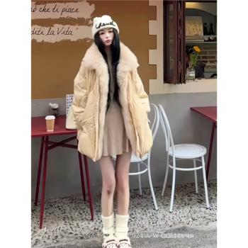 MJAE可拆卸真狐貍毛領皮草外套2024冬季新款中長款白鵝絨羽絨服女