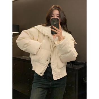 韓國超好看大翻領羽絨棉服女秋冬季設計感針織拼接麵包服保暖外套