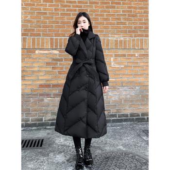女裝修身收腰黑色超長款羽絨服