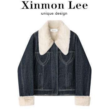XinmonLee高階感小眾仿貂毛娃娃領牛仔外套冬季加絨復古短款棉衣