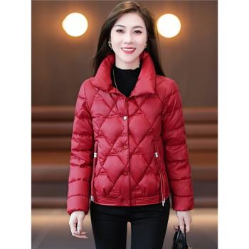 紅色菱格羽絨棉服女2024年新款冬季短款棉襖保暖立領女士棉衣外套