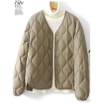2025冬季新款洋氣菱格短款羽絨棉外套女寬松輕薄保暖V領棉服棉衣