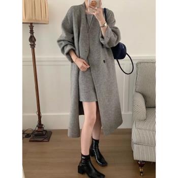 赫本風雙面羊毛大衣背心兩件套女秋冬新款高階感寬松顯瘦毛呢外套
