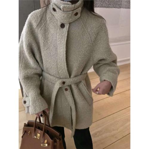 INS博主款 2025新款韓國加厚圈圈羊毛羊卷毛外套立領腰帶大衣女