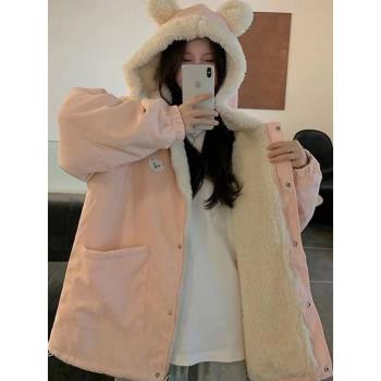 可愛小熊耳朵燈芯絨棉服外套女秋冬新款加絨加厚奶fufu連帽棉衣潮